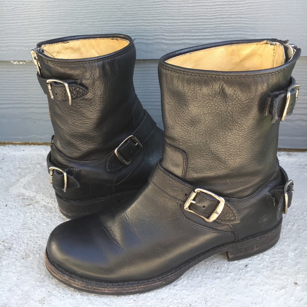 Frye Black Buckle Moto Combat Boots
